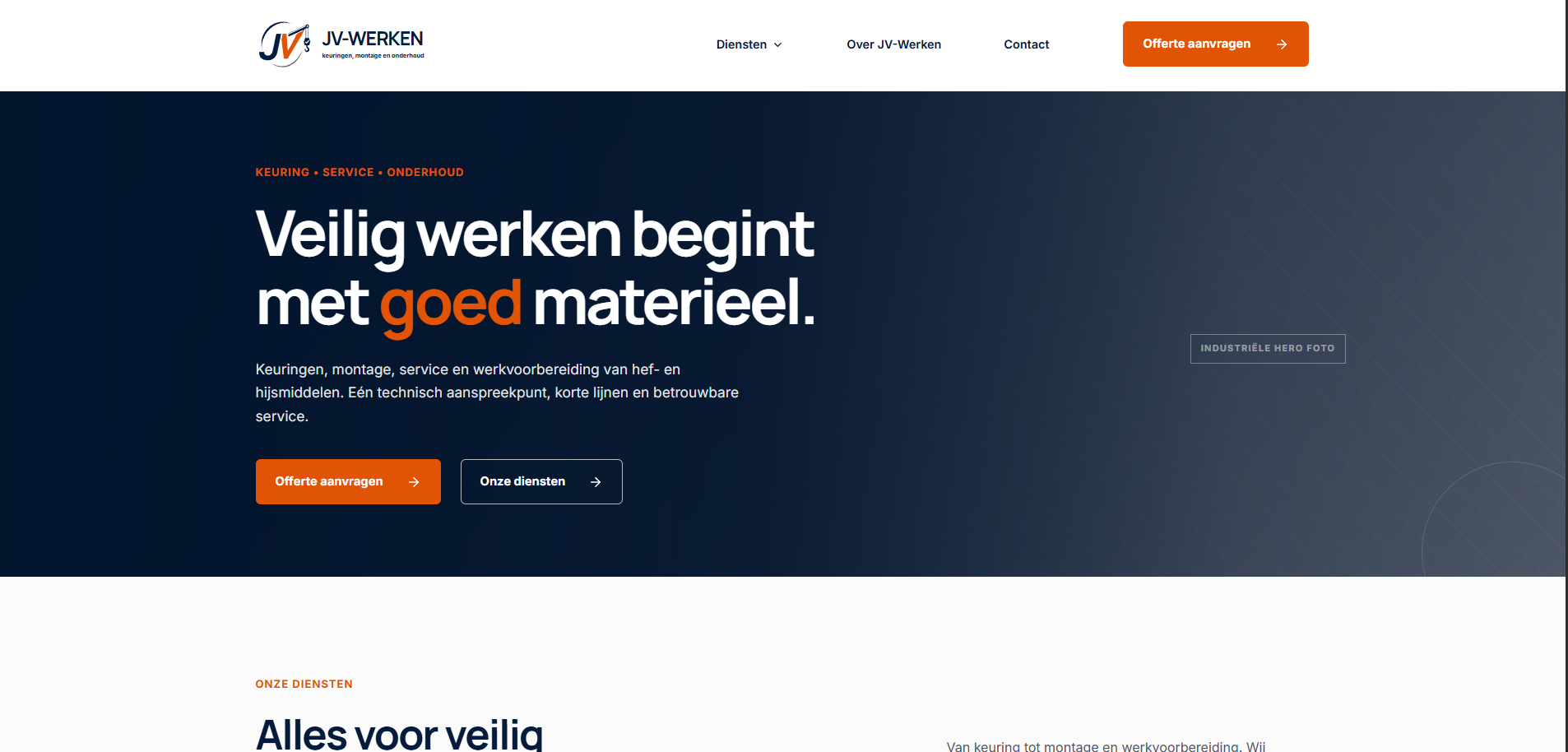 Homepage van de website van JV-Werken