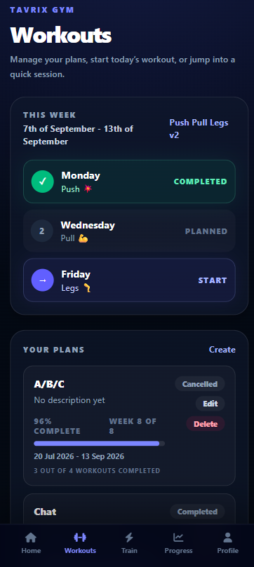 Gym app met de weekplanning en voortgang van trainingsplannen